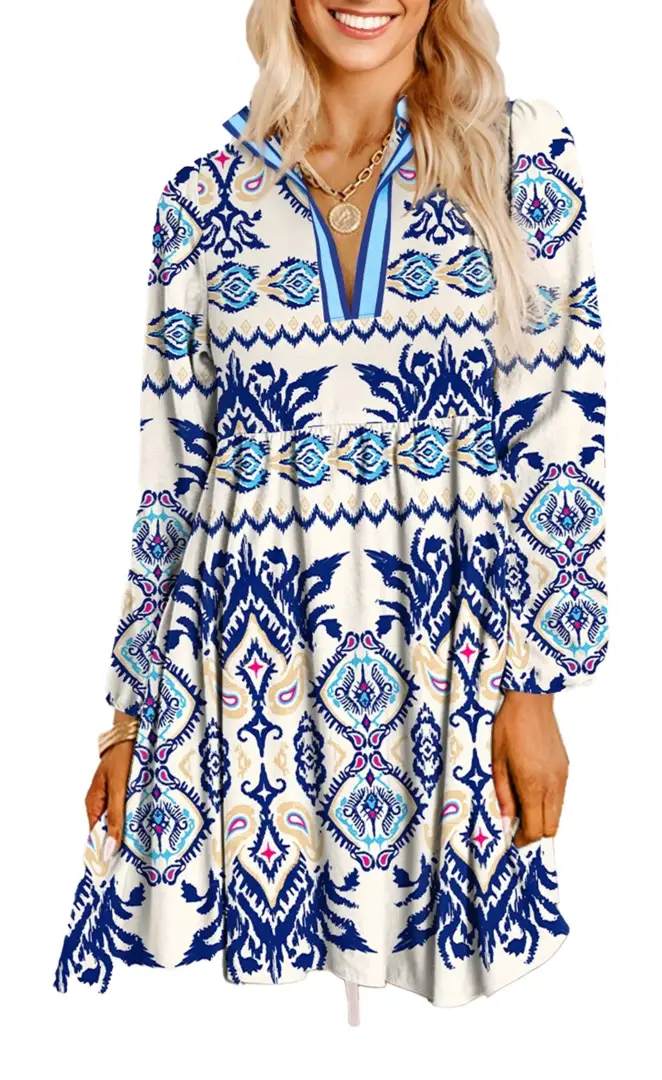 Blue Ethnic Print Mini Dress Boho V-Neck https://luckeladybug.com/products/blue-ethnic-print-mini-dr