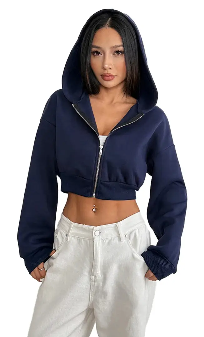 Womens Cropped Zip Up Hoodie In Navy https://luckeladybug.com/products/womens-cropped-zip-up-hoodie-