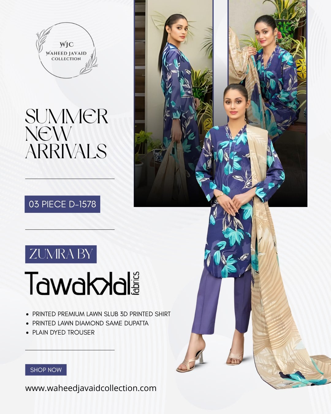 SUMMER NEW ARRIVALS !\n\nDesign Code: 03 Piece – D-1578\nBrand: Zumra by Tawakkal Fabrics\n\nRegular