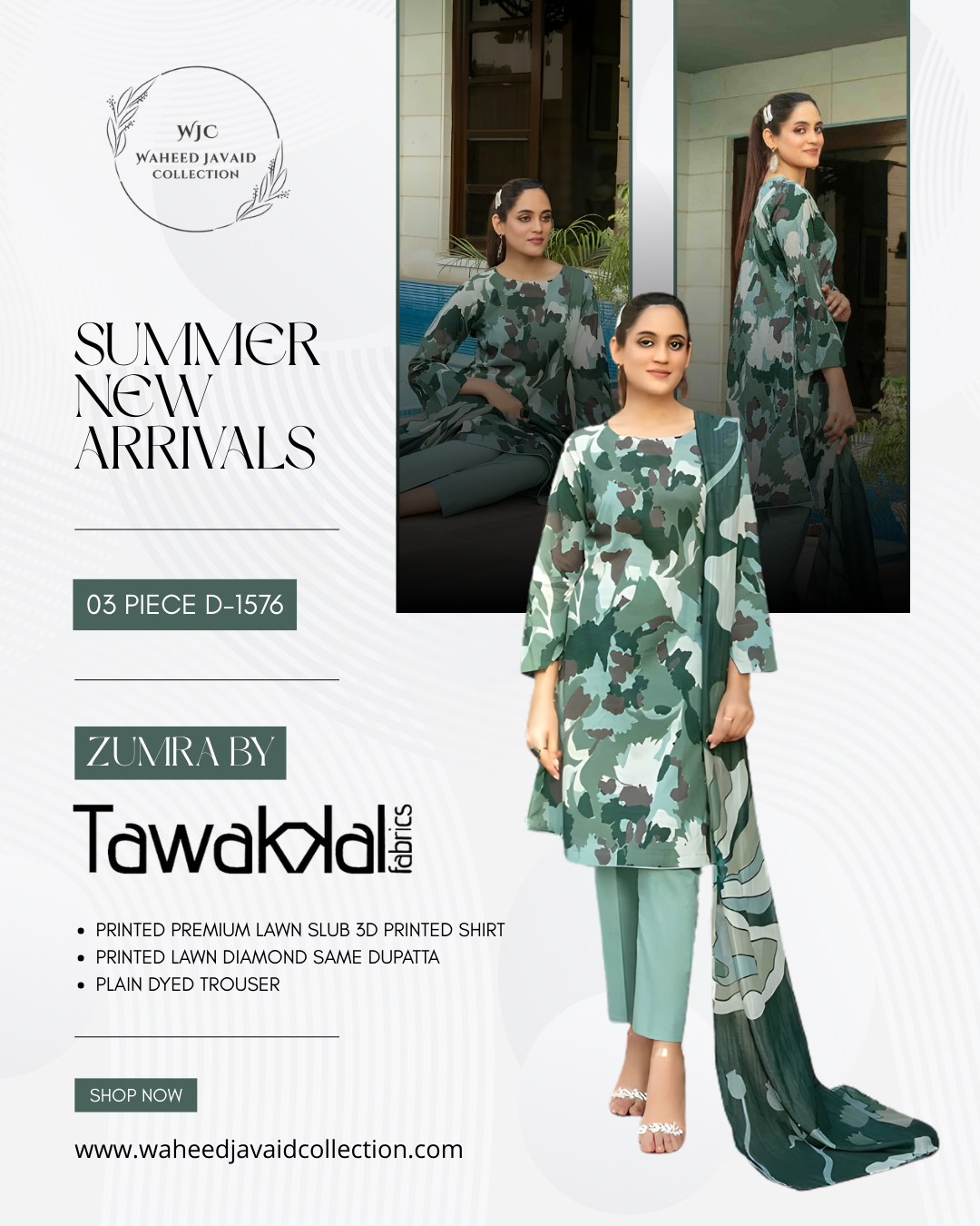 SUMMER NEW ARRIVALS !\n\nDesign Code: 03 Piece – D-1576\nBrand: Zumra by Tawakkal Fabrics\n\nRegular