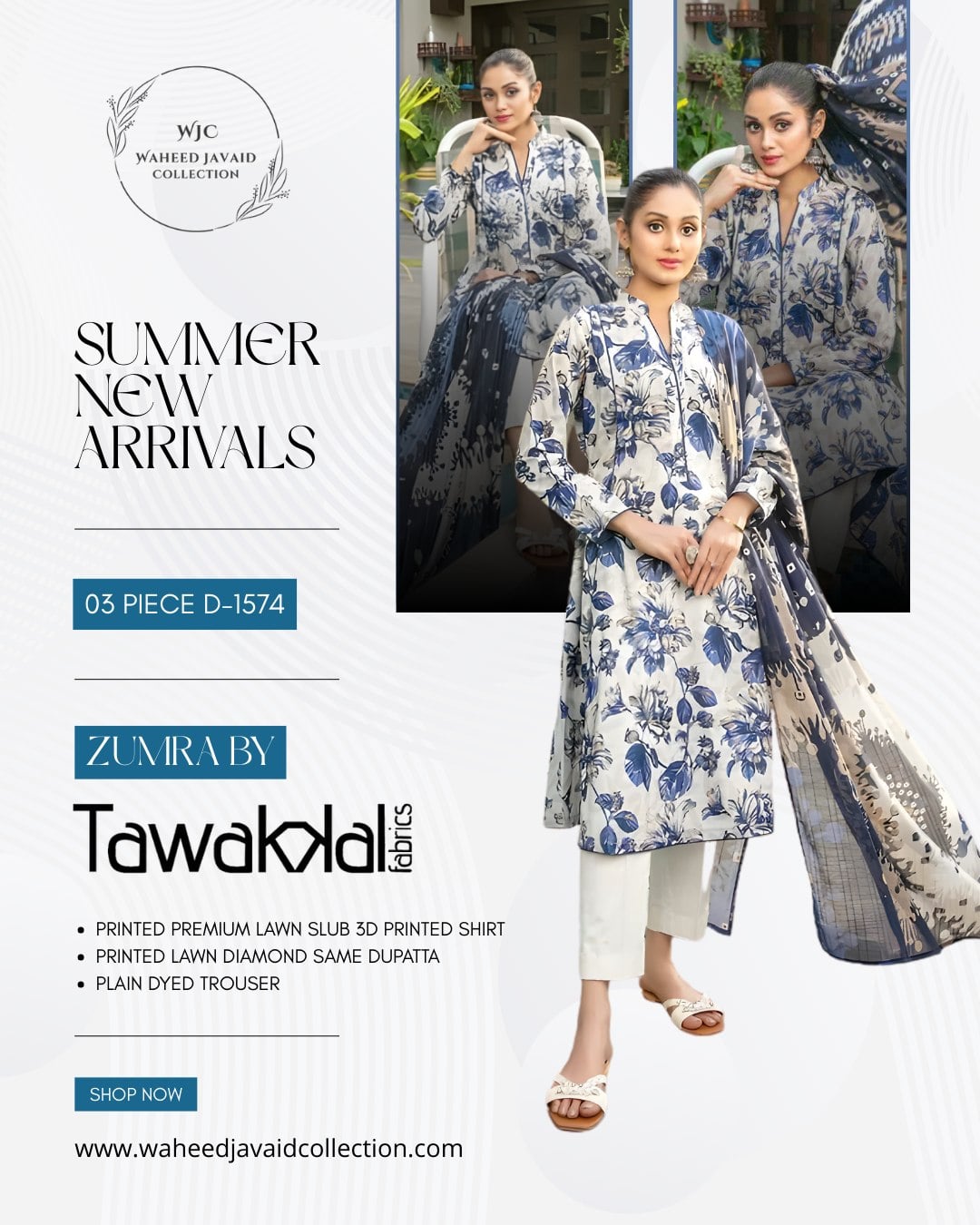 SUMMER NEW ARRIVALS !\n\nDesign Code: 03 Piece – D-1574\nBrand: Zumra by Tawakkal Fabrics\n\nRegular