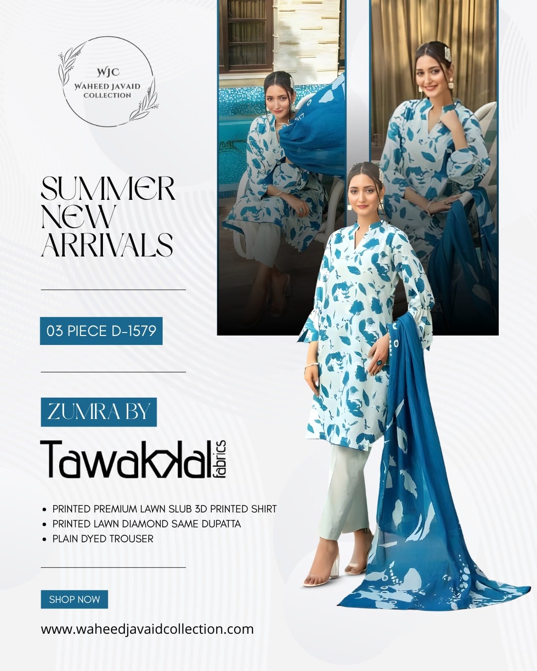 SUMMER NEW ARRIVALS !\n\nDesign Code: 03 Piece – D-1579\nBrand: Zumra by Tawakkal Fabrics\n\nRegular