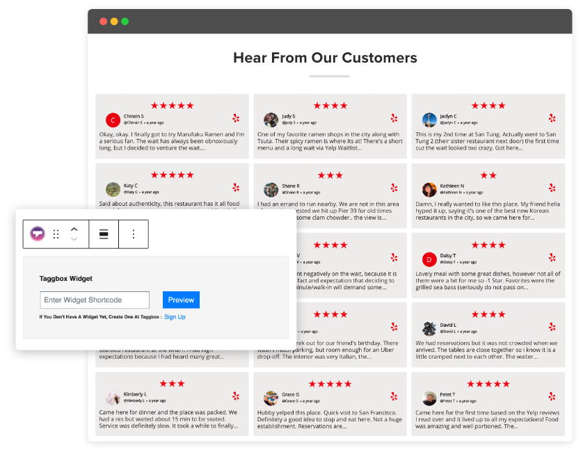 Taggbox yelp reviews widget on wordpress